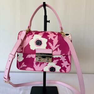 Furla Bella Small Top Handle Mini Bag/Crossbody Pink & Cream Print Authentic
